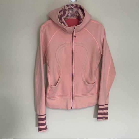 Lululemon Pink Scuba Zip Hoodie with Striped  Cuffs and Hood 8 - Picture 1 of 10